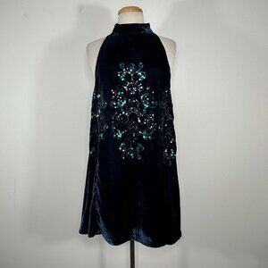 Free People Arianna Halter Top Blouse Blue Beaded Y2K Velour Festival Sz S